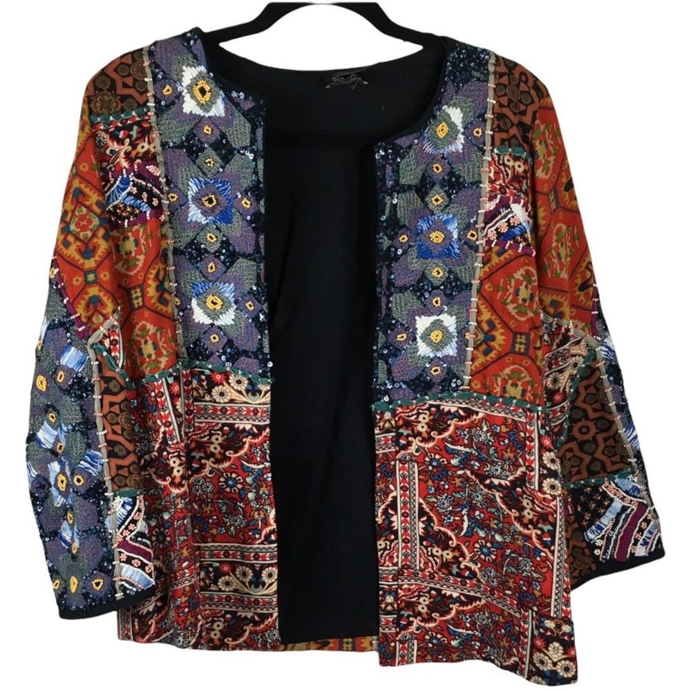 Zara Trafalulc Jacket Multi-Color Beaded Patchwork  3/4‎ Sleeve Cotton Women's M
